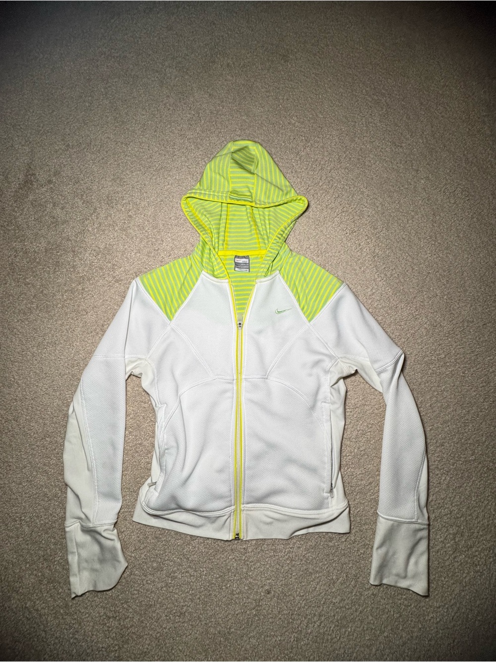 Nike White/Cream Hoodie Zip Up Y2K with Yellow and Green Hood and Zip